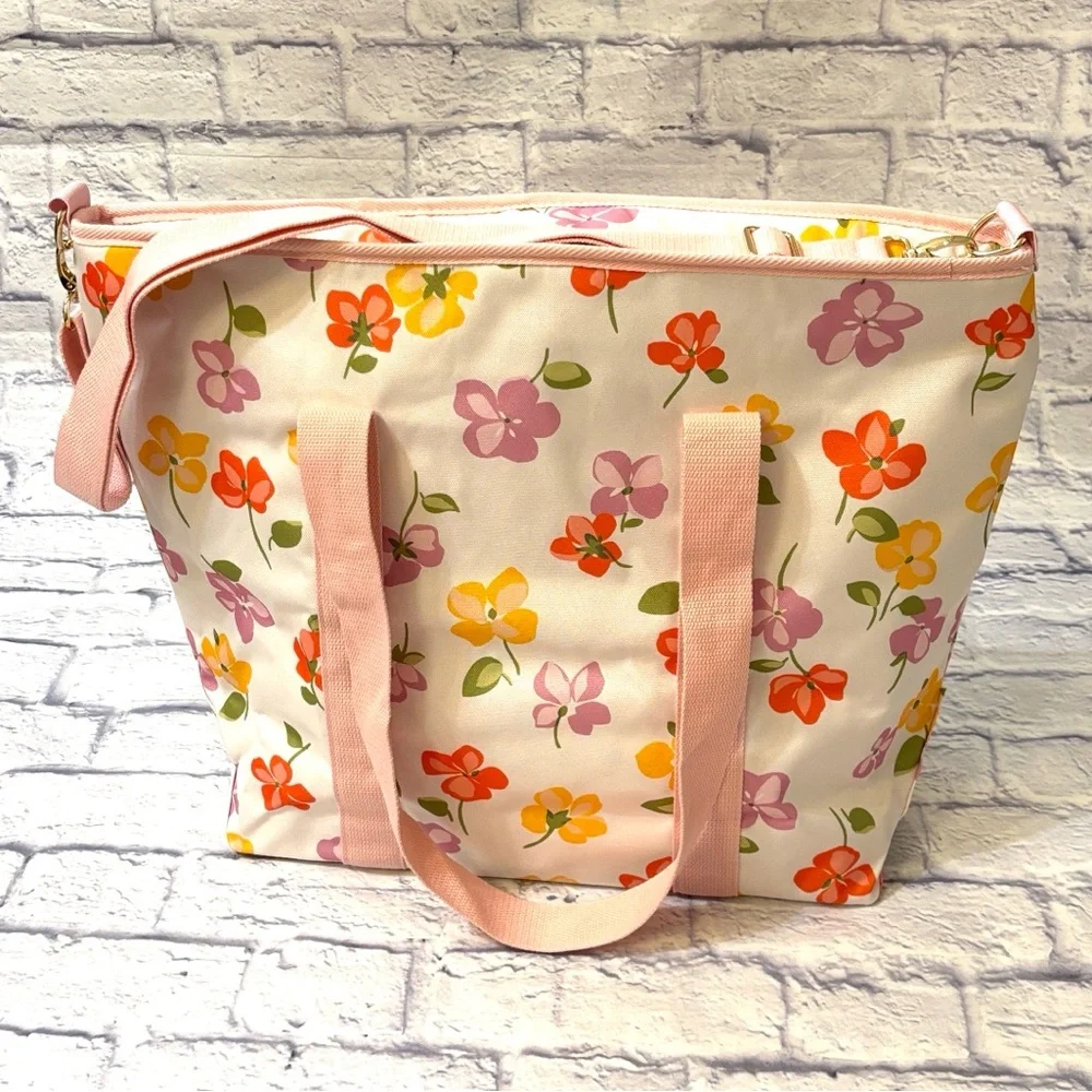 Kate Spade Cooler Tote Bag Spring Pansies Pink Pattern Zip Top 15.5 X 19.5 NWT